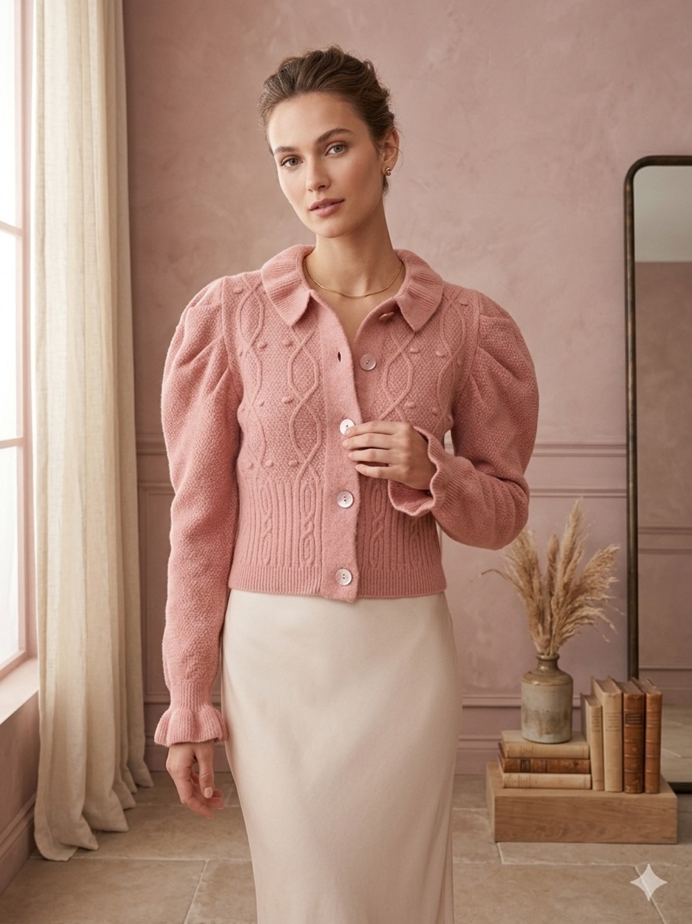 FARM Rio Ruffle Fuzzy Cardigan Pink Cable Knit Pie-Crust Collar Women’s S NWT